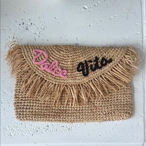 BTB Los Angeles Beige Dolce Vita Straw Oversized Fringe Clutch